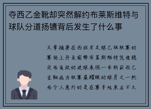 夺西乙金靴却突然解约布莱斯维特与球队分道扬镳背后发生了什么事 夺西乙金靴却突然解约布莱斯维特与球队分道扬镳背后发生了什么事